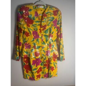 Albert Nippon Bintahe Silk Floral Sequins Blazer and skirt Yellow Red Women's 10